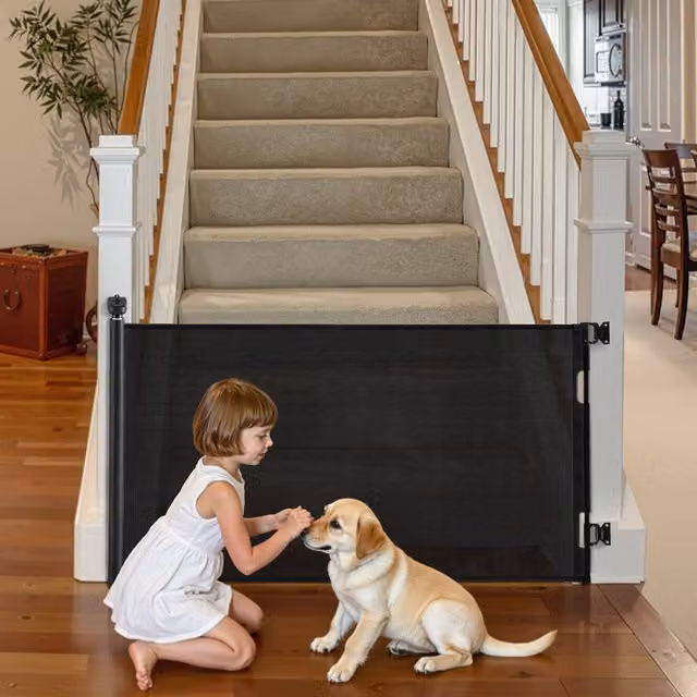 Barrera retráctil Vevor de malla negra para bebés y mascotas, ideal para escaleras y pasillos, An/P/Al: 72.8 x 38.5 x 104.5 cm