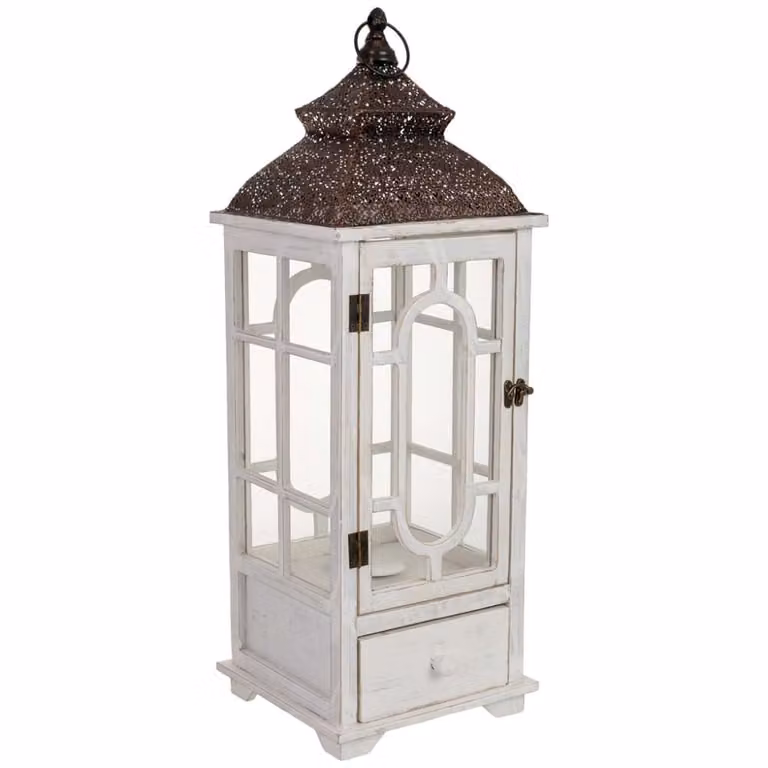 Farol de madera estilo shabby chic Wanderlust deco en color blanco y gris con detalles transparentes An/P/Al: 24 x 24 x 70 cm