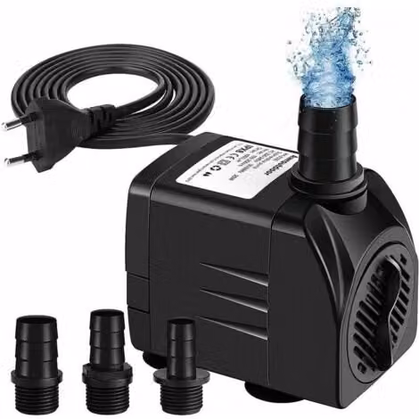 Bomba de agua sumergible ULISEM de 65 W y 3000 L/h en color negro, ideal para acuarios, fuentes y estanques, con 3 boquillas y cable de 3 m