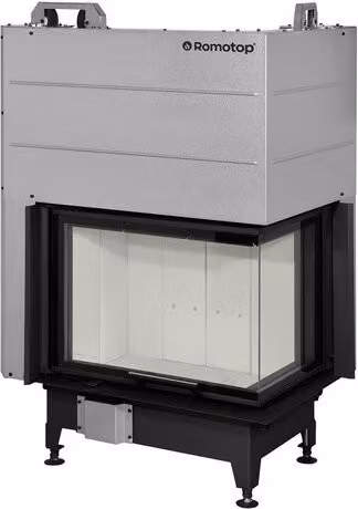 Chimenea de leña esquinera derecha ROMOTOP Heat E2G81-40 en color negro y gris con acabado cerámico