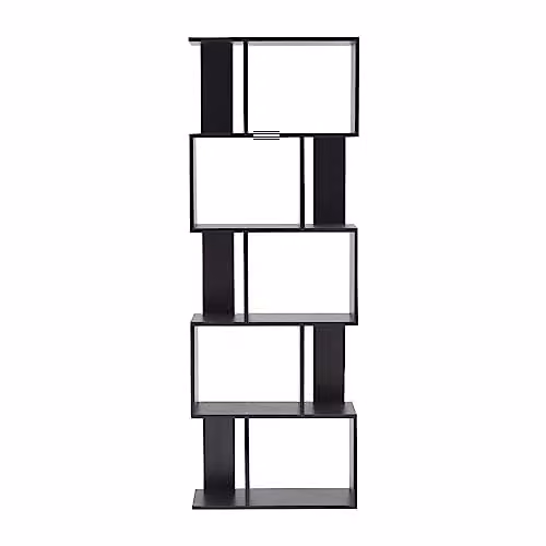Estantería de oficina y salón Rebecca Mobili con 5 estantes en color negro mate, diseño moderno de madera, An: 169 cm, Al: 60 cm, Fon: 24 cm