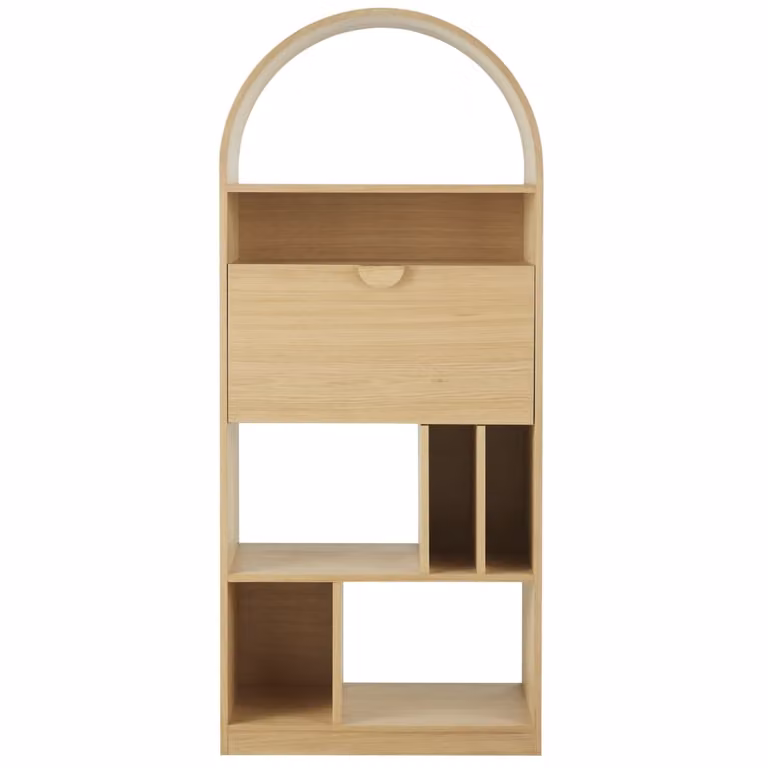 Escritorio secretario de Maisons du Monde con estantería y tapa abatible en chapa de roble color marrón y beige
