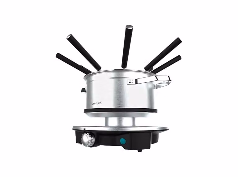 Fondue eléctrica Cecotec Fun Gourmetfondue Advance de 1500 W en color plata con 1,7 l y 8 tenedores de acero inoxidable