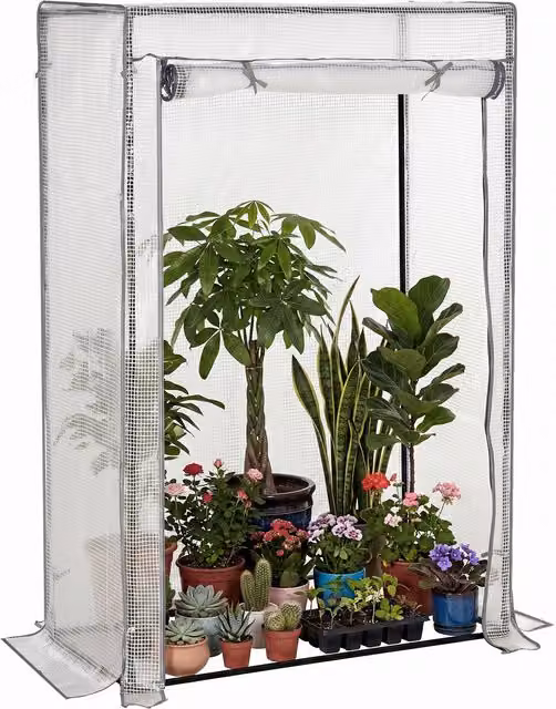Invernadero de jardín TREETALK para balcón con estructura de acero y cubierta de PE reforzada, puerta enrollable con cremallera y ventana, color blanco, An/P/Al: 100 x 50 x 150 cm