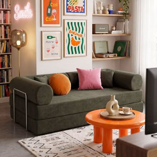 Sofá cama OVIALA de 2 plazas en forma de L, tapizado en tela verde con cojines, reversible y con función de cama, An: 204 cm