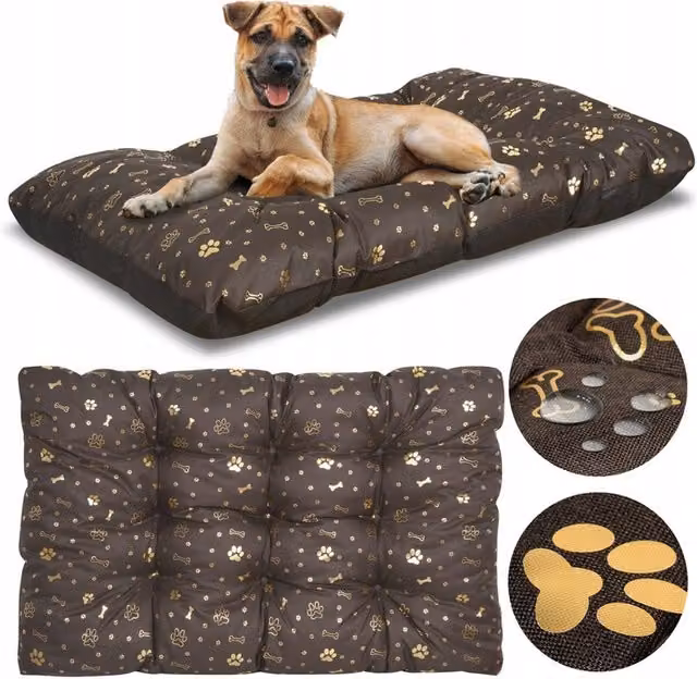 Cojín de lujo para cama de perro AIO FACTORY impermeable con diseño de huesos dorados en color marrón y dorado An/P/Al: 140 x 100 cm
