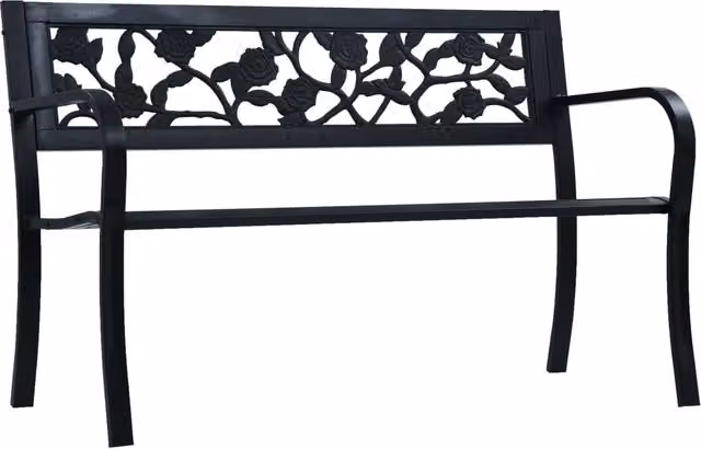 Banco de jardín SYFAX de acero negro con reposabrazos y diseño floral para terraza o jardín