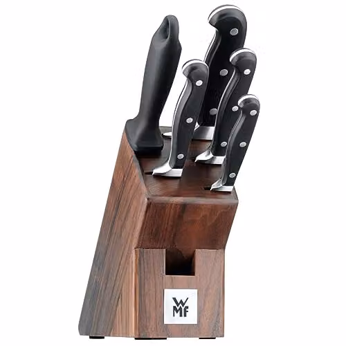 Juego de 6 piezas WMF Spitzenklasse Plus con 4 cuchillos, afilador chaira y soporte de madera de color púrpura y acero inoxidable forjado