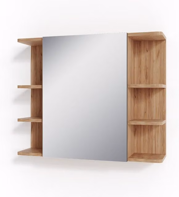Armario de baño con espejo Vicco Fynn en roble dorado, diseño minimalista con puertas batientes y estantes internos, An: 79,6 cm, Al: 64 cm