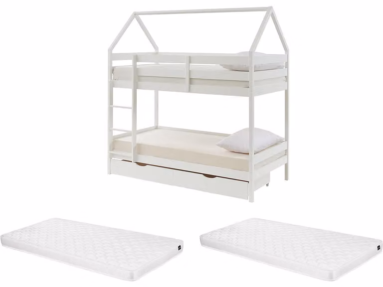 Litera cabaña CHORI de madera de pino blanca con 2 cajones y colchón de espuma para niños An/P/Al: 190 x 90 x 160 cm