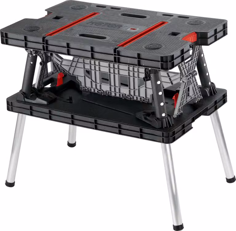 Mesa de trabajo plegable Keter con tornillo de banco en color rojo y negro