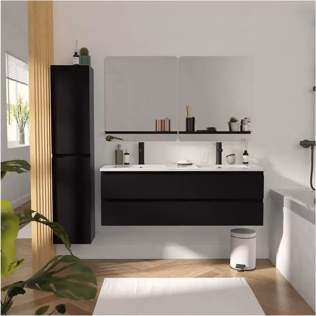 Mueble de baño Sorrento de color negro con lavabo, columna, dos espejos y armarios con cajones, An/P/Al: 120 x 45 x 140 cm