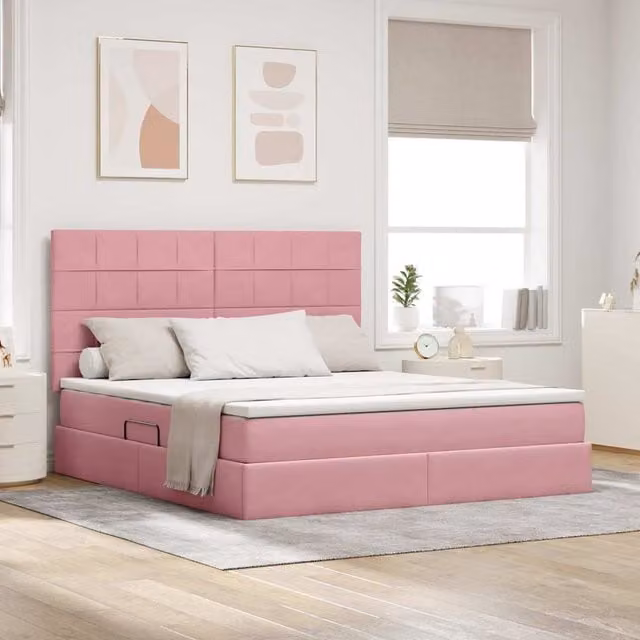 Cama con almacenamiento y colchón híbrido Maison Exclusive en terciopelo rosa, An/P/Al: 160 x 200 x 280 cm