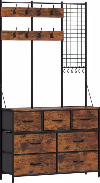 Perchero Zapatero HOMCOM de Estilo Industrial con Cajones, Ganchos y Estantes para Entrada, Pasillo o Salón, An/P/Al: 100 x 30 x 183 cm, Marrón y Negro