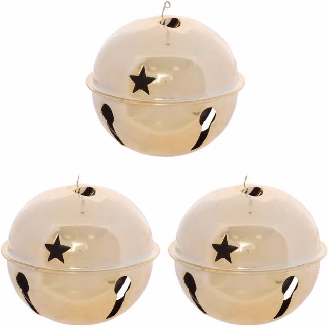 Lote de 3 adornos colgantes de cascabeles de metal dorado para el árbol de Navidad de Feeric Lights & Christmas de 8 cm