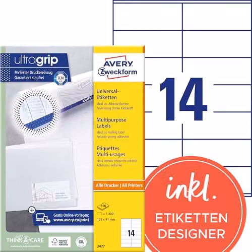 Pack de 100 hojas de etiquetas imprimibles polivalentes Avery Zweckform en color blanco, 105 x 41 mm