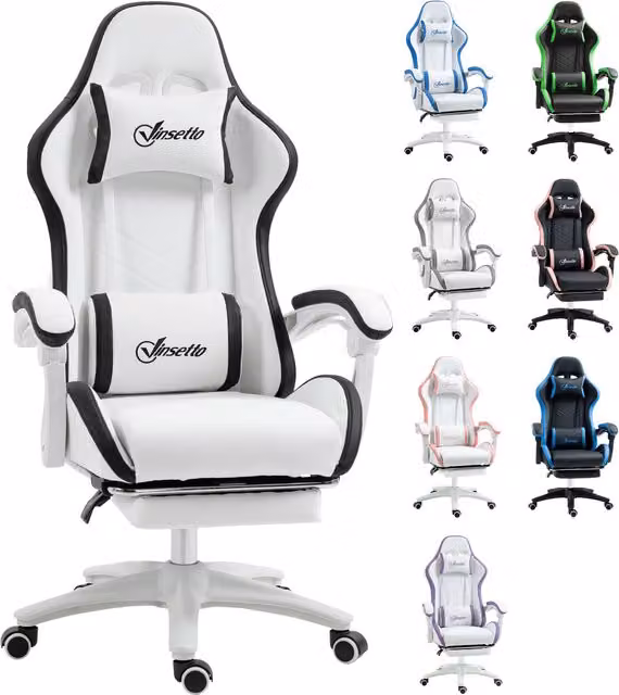 Silla gaming Vinsetto ergonómica de cuero PU con altura ajustable, reclinable 135°, reposacabezas y reposapiés retráctil, blanco y negro, An/P/Al: 65 x 65 x 121-129 cm