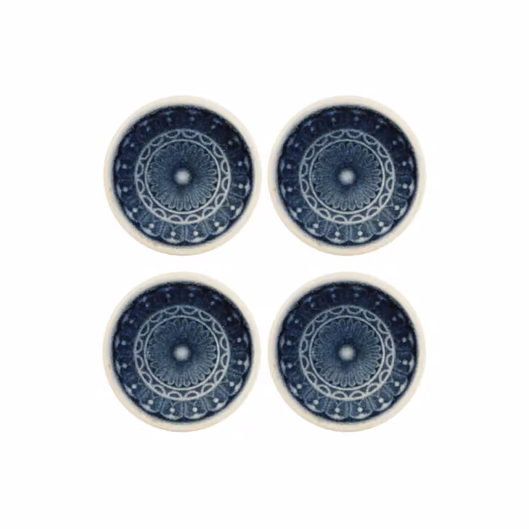 Lote de 4 portavelas de cerámica Sia Deco con diseño abstracto mediterráneo en azul, blanco, beige y marrón, forma redonda para tealight, Diámetro: 11 cm