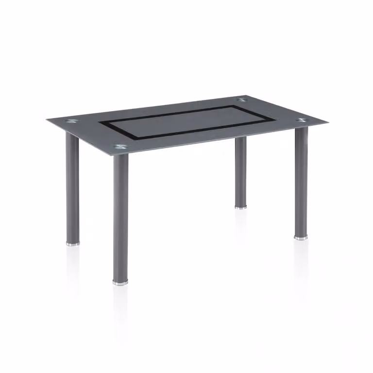 Mesa de comedor moderna Duehome de cristal gris y metal con acabado brillante, An/P/Al: 140 x 80 x 76 cm