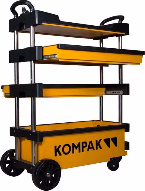 Carro de taller plegable con mesa de trabajo KOMPAK KT01 en color amarillo y negro con ruedas