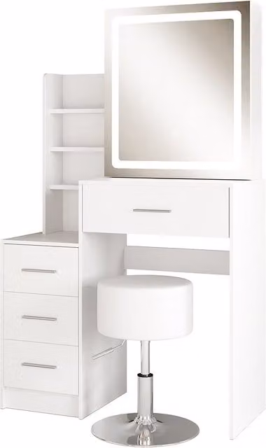 Tocador Vicco Lisca blanco con espejo LED y taburete para dormitorio