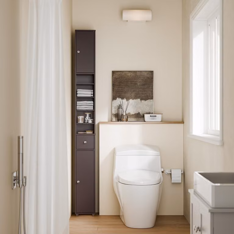 Armario de baño estrecho SoBuy con puertas y cajón, color marrón, An/P/Al: 20 x 20 x 180 cm
