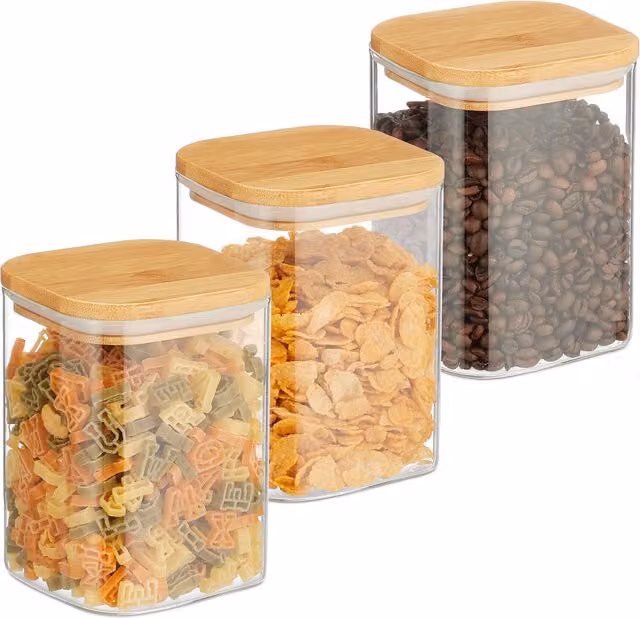 Set de 3 tarros herméticos de vidrio cuadrados Relaxdays con tapa de bambú y aro de silicona, 900 ml cada uno, transparente/natural, An/P/Al: 10 x 10 x 13,5 cm