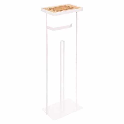 Portarrollos de papel higiénico de pie 5five en metal y bambú con soporte para teléfono y compartimento para repuestos, color blanco y beige, Altura: 59 cm