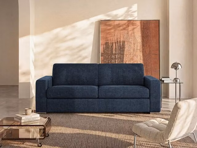 Sofá cama de 4 plazas Calito en tela azul con colchón de 14 cm y estructura de madera y metal para salón