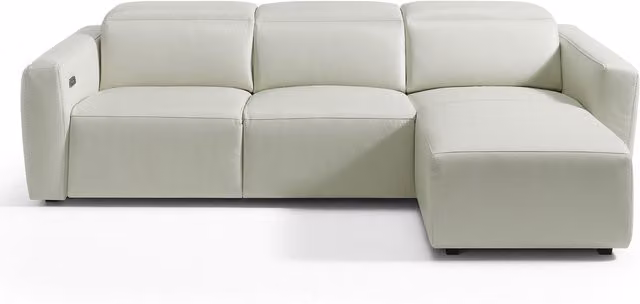 Sofá de piel Trento de El Corte Inglés de 5 plazas con chaiselongue derecha y 2 asientos relax eléctricos en color blanco