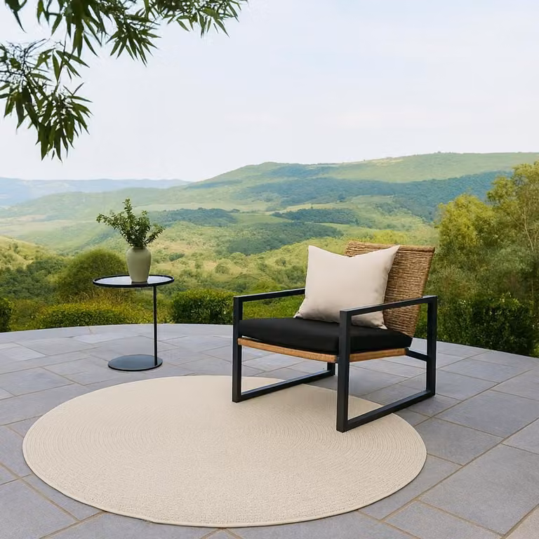 Alfombra redonda para exteriores Teppich-Traum en color beige y blanco con diseño de puntos, resistente a la intemperie y de fácil cuidado, Diámetro: 120 cm