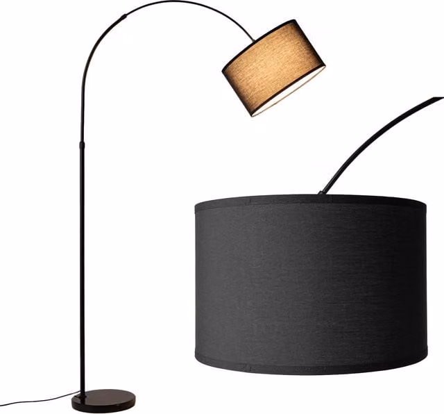 Lámpara de pie de arco ALPINALUZ con pantalla textil negra de 40 cm, base de mármol y metal, altura ajustable hasta 180 cm, casquillo E27 y con interruptor en el pie, color negro