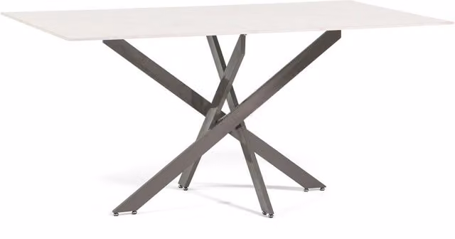 Mesa de comedor moderna con tablero de vidrio efecto mármol rosa y estructura de metal An/P/Al: 160 x 90 x 76 cm