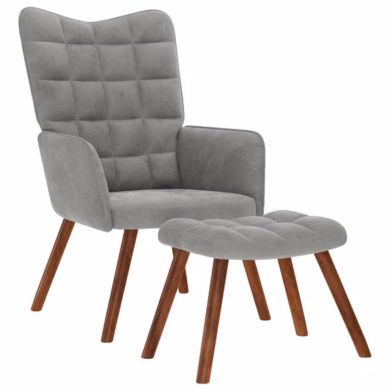Sillón relajante con taburete vidaXL en terciopelo gris claro con reposabrazos y diseño moderno