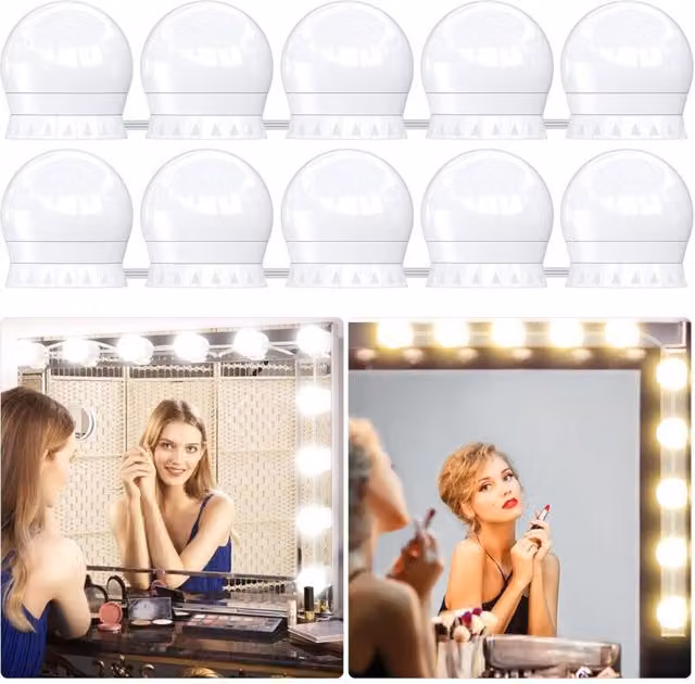 Kit de 10 bombillas LED estilo Hollywood XISRENS para espejo de maquillaje, con 10 niveles de brillo y 3 colores de luz, conexión USB y diseño autoadhesivo disponible en blanco o negro