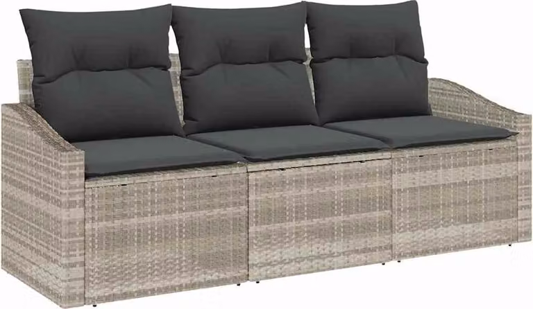 Juego de muebles de jardín Syfax de 3 piezas con sofá de 3 plazas, mesa de centro y otomana en ratán sintético gris con cojines tapizados