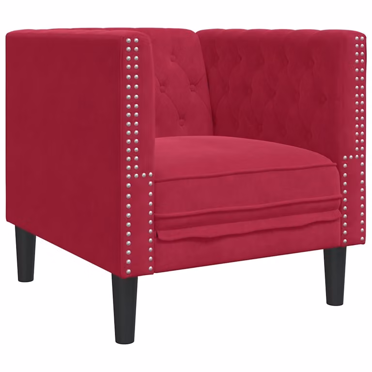 Sillón Chesterfield vidaXL de terciopelo rojo con estructura de madera y reposabrazos
