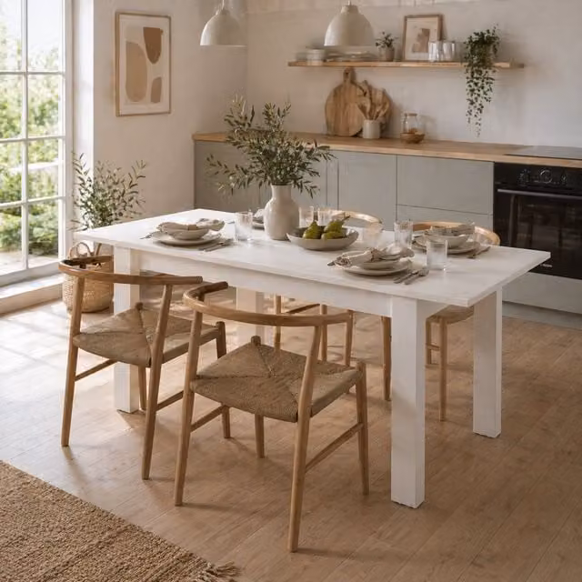 Mesa extensible DMORA para 8 adultos en blanco mate, diseño moderno rectangular, An/P/Al: 120 x 80 x 76 cm
