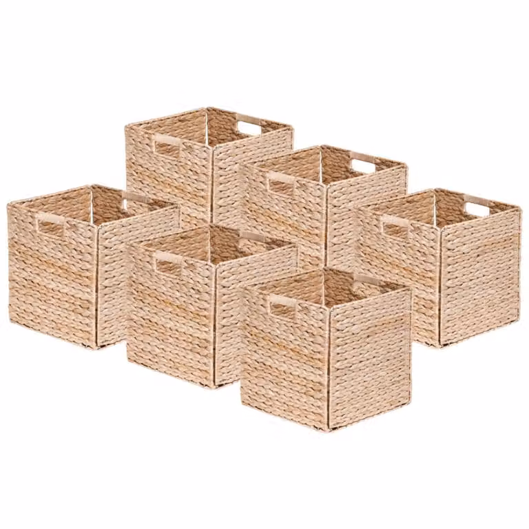 Juego de 6 cestas plegables con asas de Box & beyond en color beige, hechas de jacinto de agua, An/P/Al: 31 x 31 x 31 cm