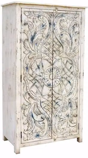 Armario de madera de mango estilo étnico Wanderlust Deco en blanco y azul An/P/Al: 99 x 42 x 180 cm