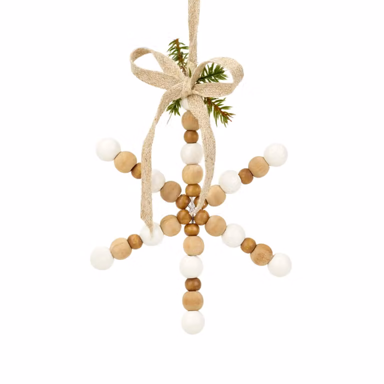 Colgante navideño de copos de nieve Sia Deco en madera y metal colores marrón, beige, blanco y verde Diámetro: 10 cm