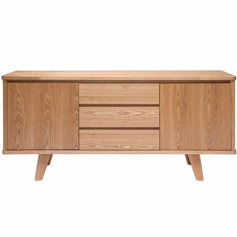 Aparador escandinavo Miliboo de madera de fresno con 2 puertas y 3 cajones en color marrón y gris, diseño Fifties, Ancho: 160 cm