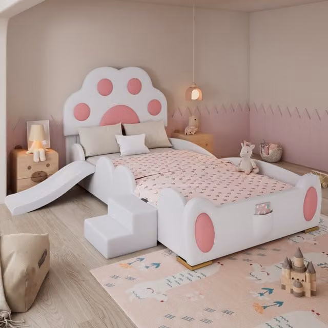Cama Infantil Mivray Tapizada en Polipiel Blanca y Rosa con Tobogán, Escalera y Estructura de Casa An/P/Al: 200 x 90 x 176 cm