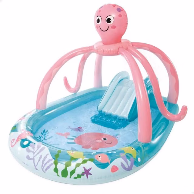 Centro de juegos hinchable de agua con pulpo, tobogán, difusor y anillas Intex en rosa y azul, An/P/Al: 234 x 150 x 150 cm