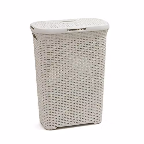 Cesto para la ropa sucia Curver con tapa y asas, diseño efecto ratán, color beige, capacidad de 40 l, An/P/Al: 44,7 x 26,5 x 61,5 cm