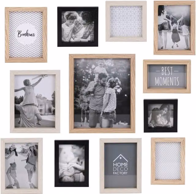 Set de 12 Marcos de Fotos de Madera HOME DECO FACTORY para Colgar en la Pared, Multitamaño, Color Negro o Beige