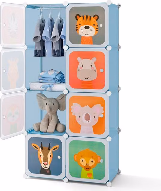 Armario infantil NORTHIX con 8 cubos y zona de colgado, color azul, An/P/Al: 75 x 37 x 145 cm