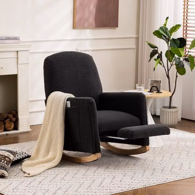 Sillón reclinable con otomana Kellany en tejido boucle gris oscuro y estructura de madera sólida para salón