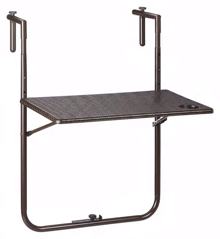 Mesa plegable de balcón Relaxdays con efecto ratán marrón y altura ajustable para exterior, An/P: 59,5 x 36 cm