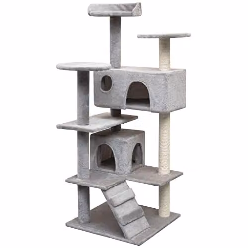 Árbol de rascador para gatos Helloshop26 con nicho, juguetes integrados y sisal reemplazable, color gris, Altura: 125 cm